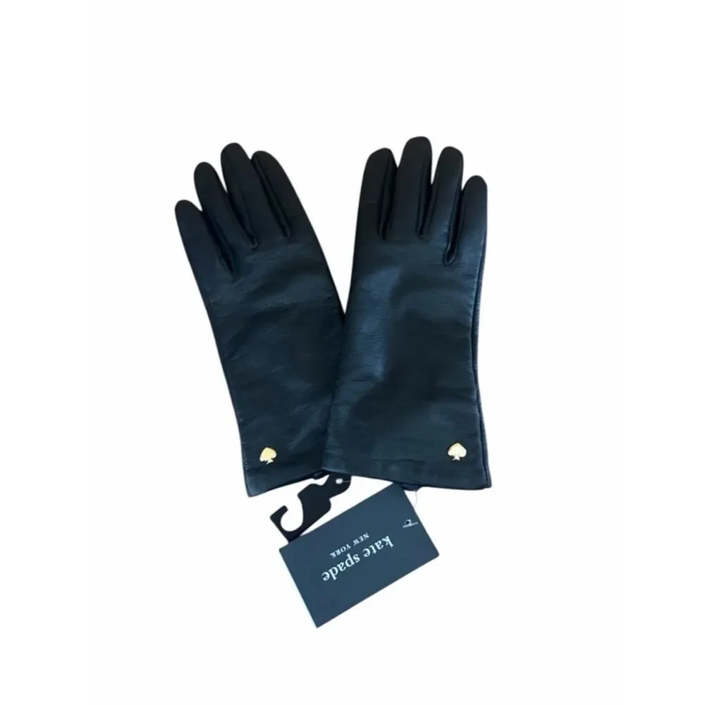 Kate Spade Black Leather Gloves w/Gold Spade Charm Medium Touch Technology